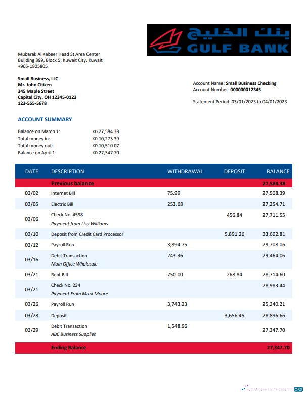 Download Gulf Bank company account statement Word and PDF template Photoshop template